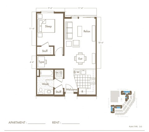 Floor plan for 1 bed, 1 bath, 697 sqft